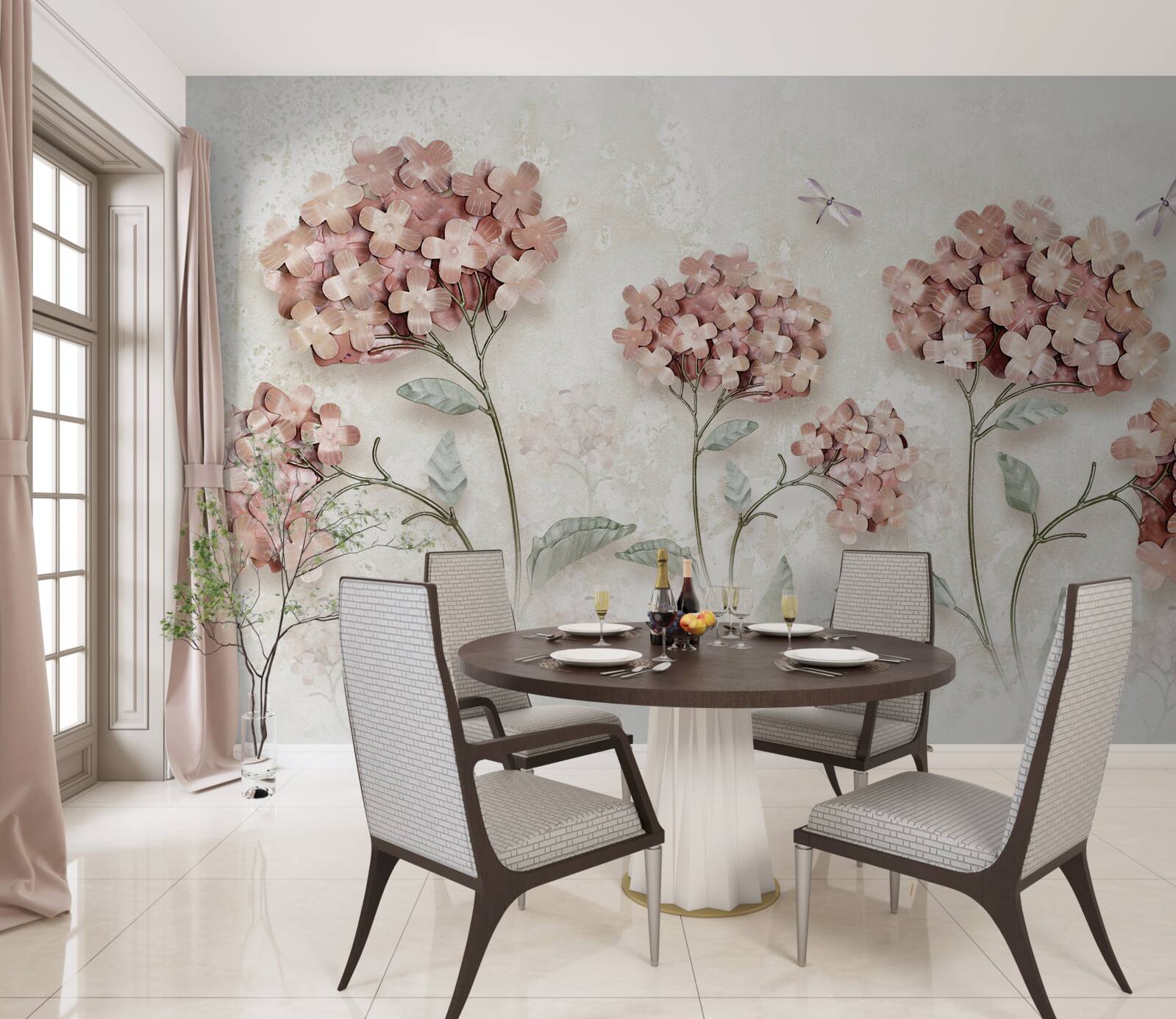 Фотошпалери бабки літають біля рожевих квітів