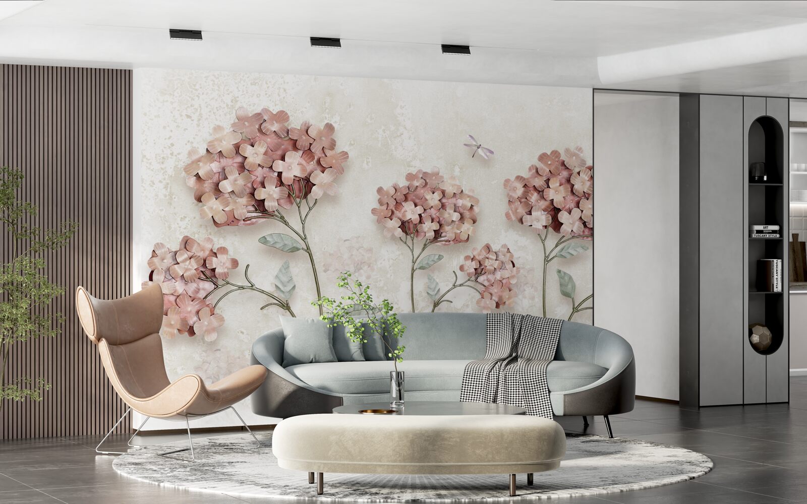 Фотошпалери бабки літають біля рожевих квітів