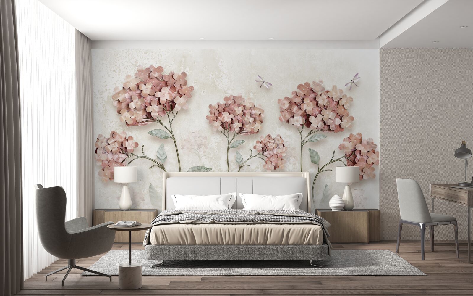 Фотошпалери бабки літають біля рожевих квітів