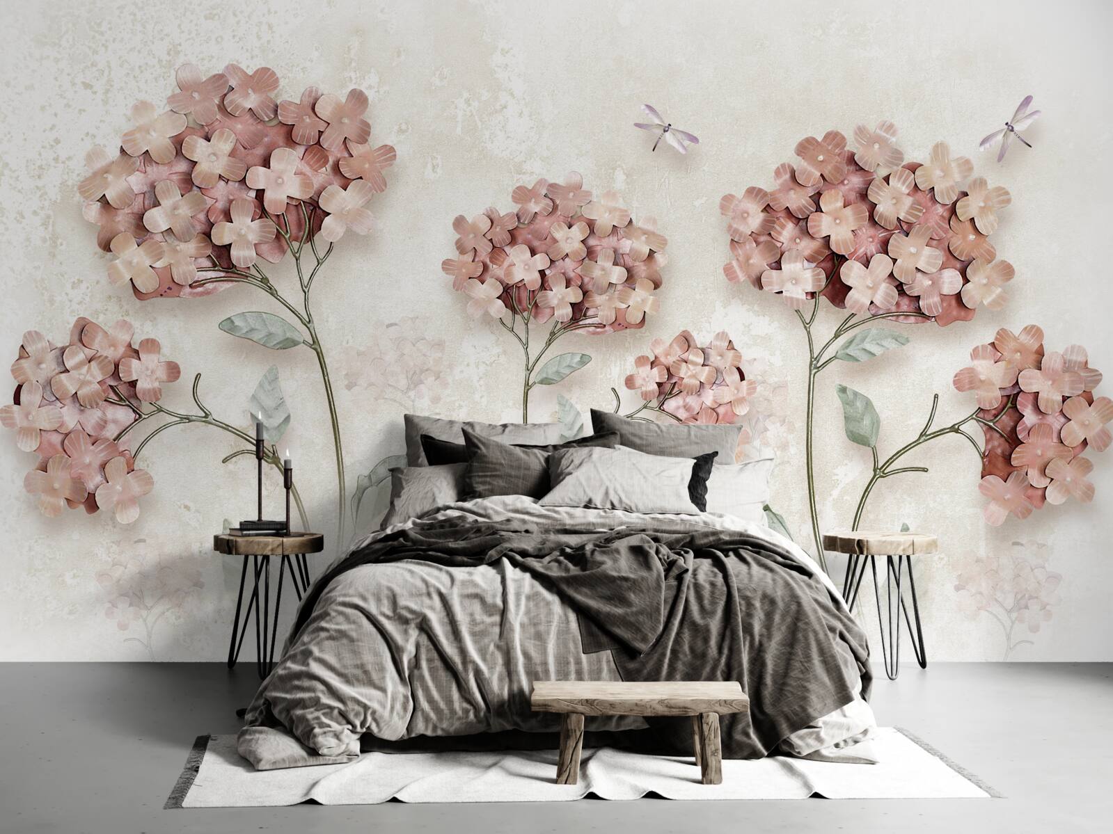 Фотошпалери бабки літають біля рожевих квітів