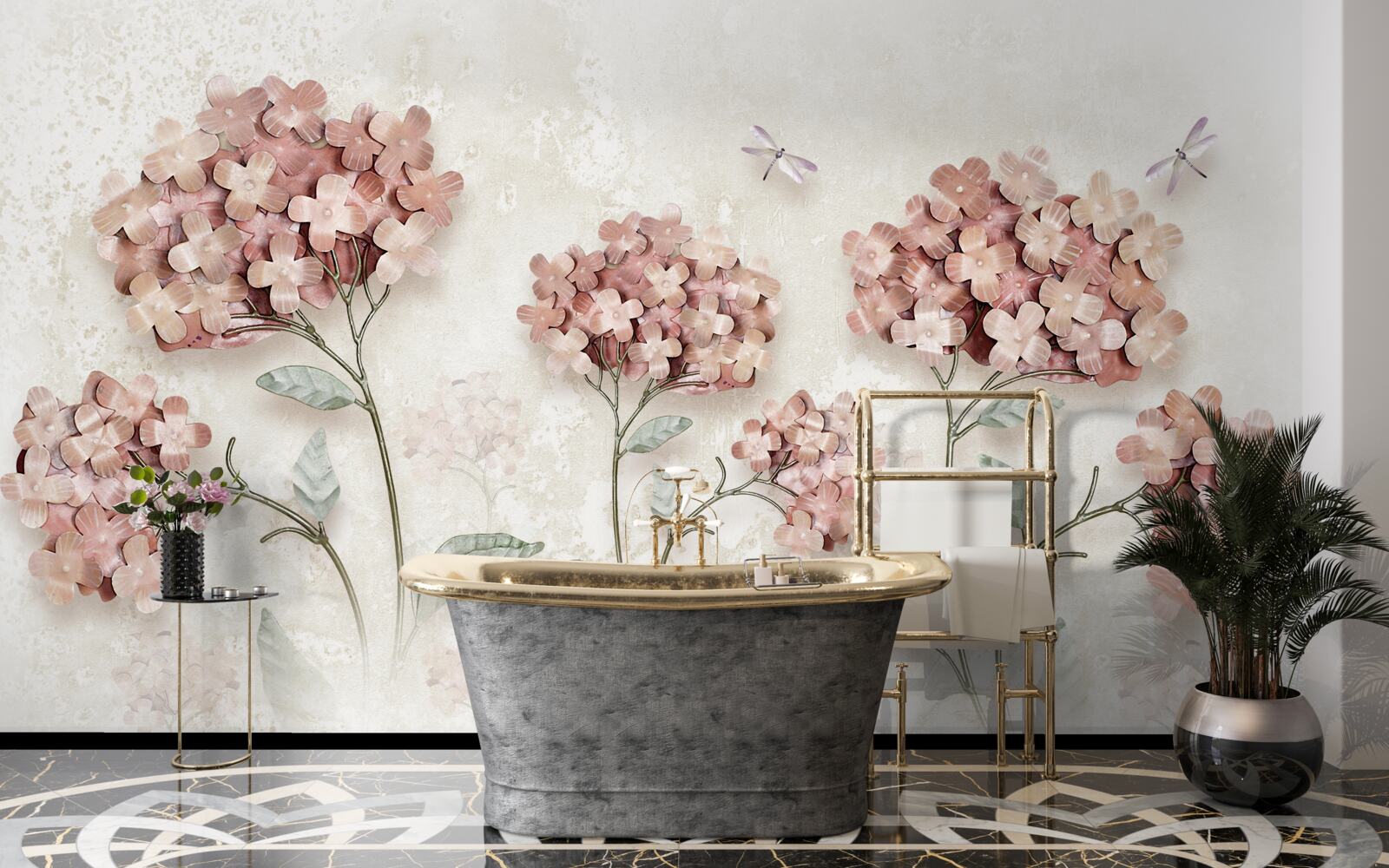 Фотошпалери бабки літають біля рожевих квітів