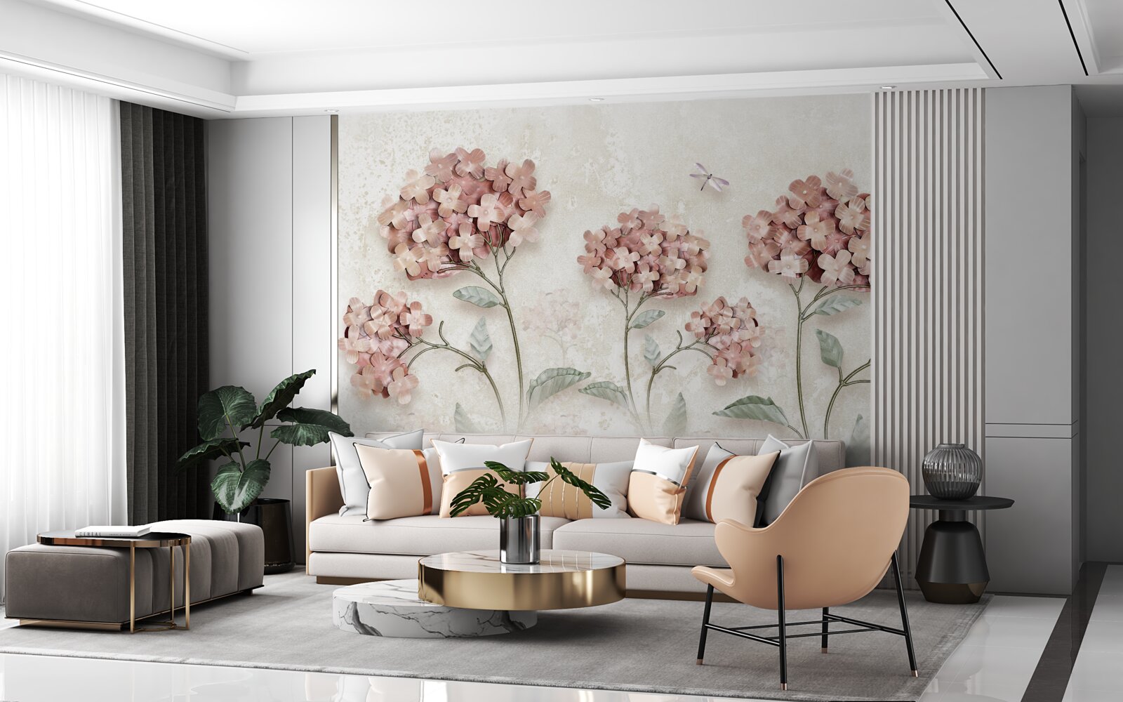 Фотошпалери бабки літають біля рожевих квітів