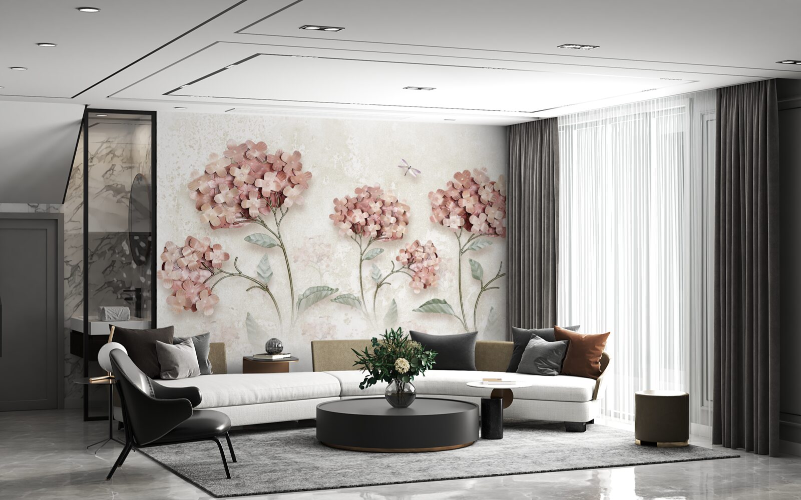 Фотошпалери бабки літають біля рожевих квітів