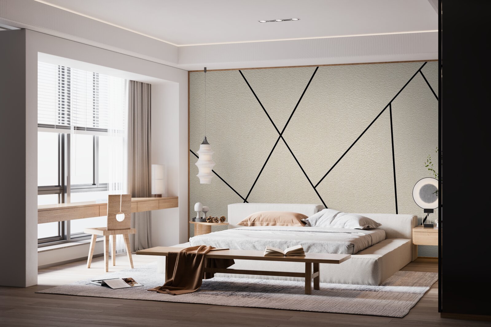 Фотошпалери світла стіна з плавними чорними лініями