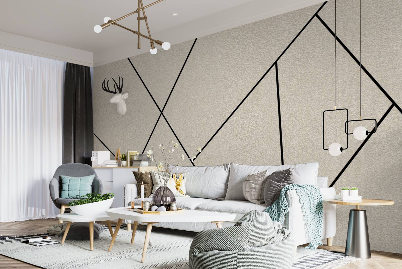 Фотошпалери світла стіна з плавними чорними лініями