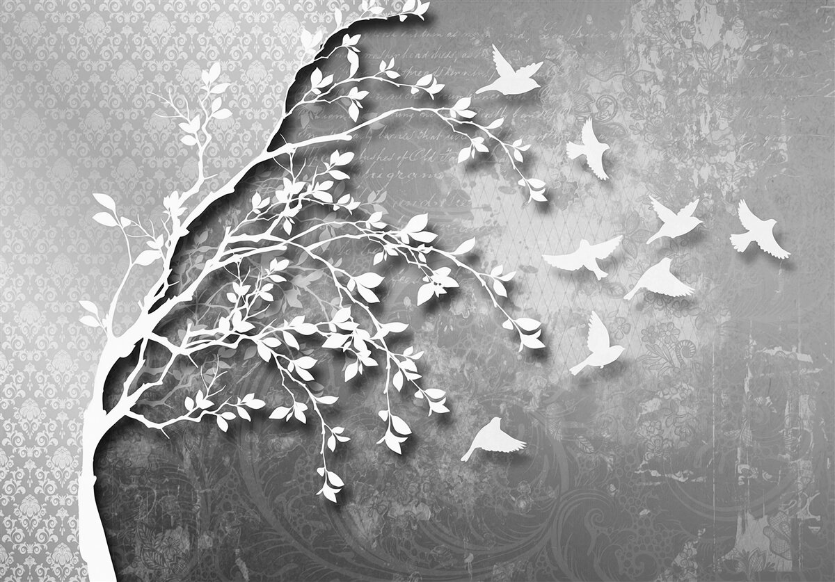 Фотошпалери обриси витончених дерев і птахів