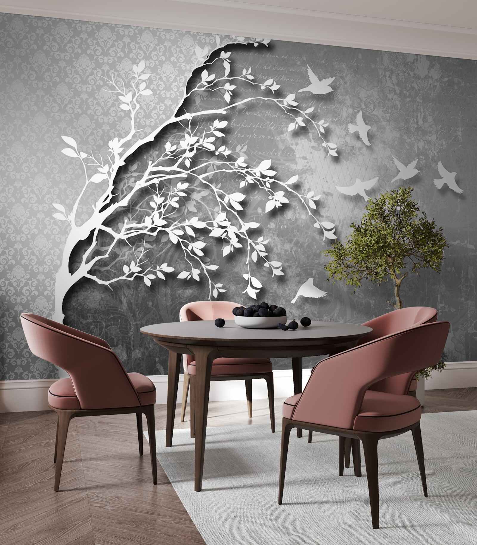 Фотошпалери обриси витончених дерев і птахів