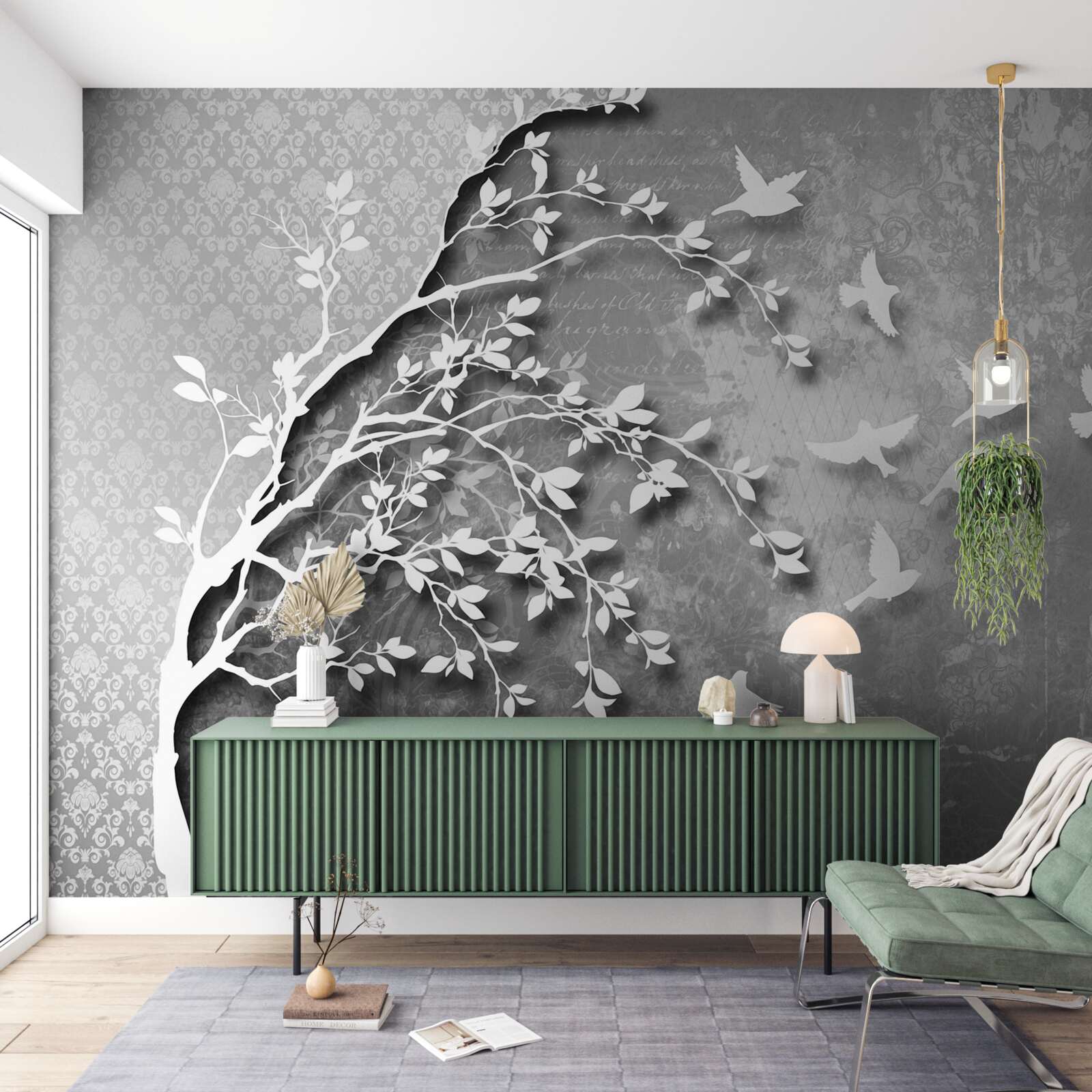 Фотошпалери обриси витончених дерев і птахів