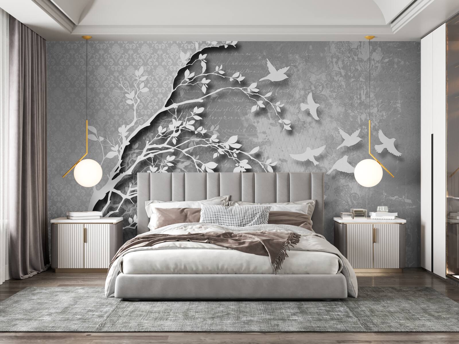 Фотошпалери обриси витончених дерев і птахів