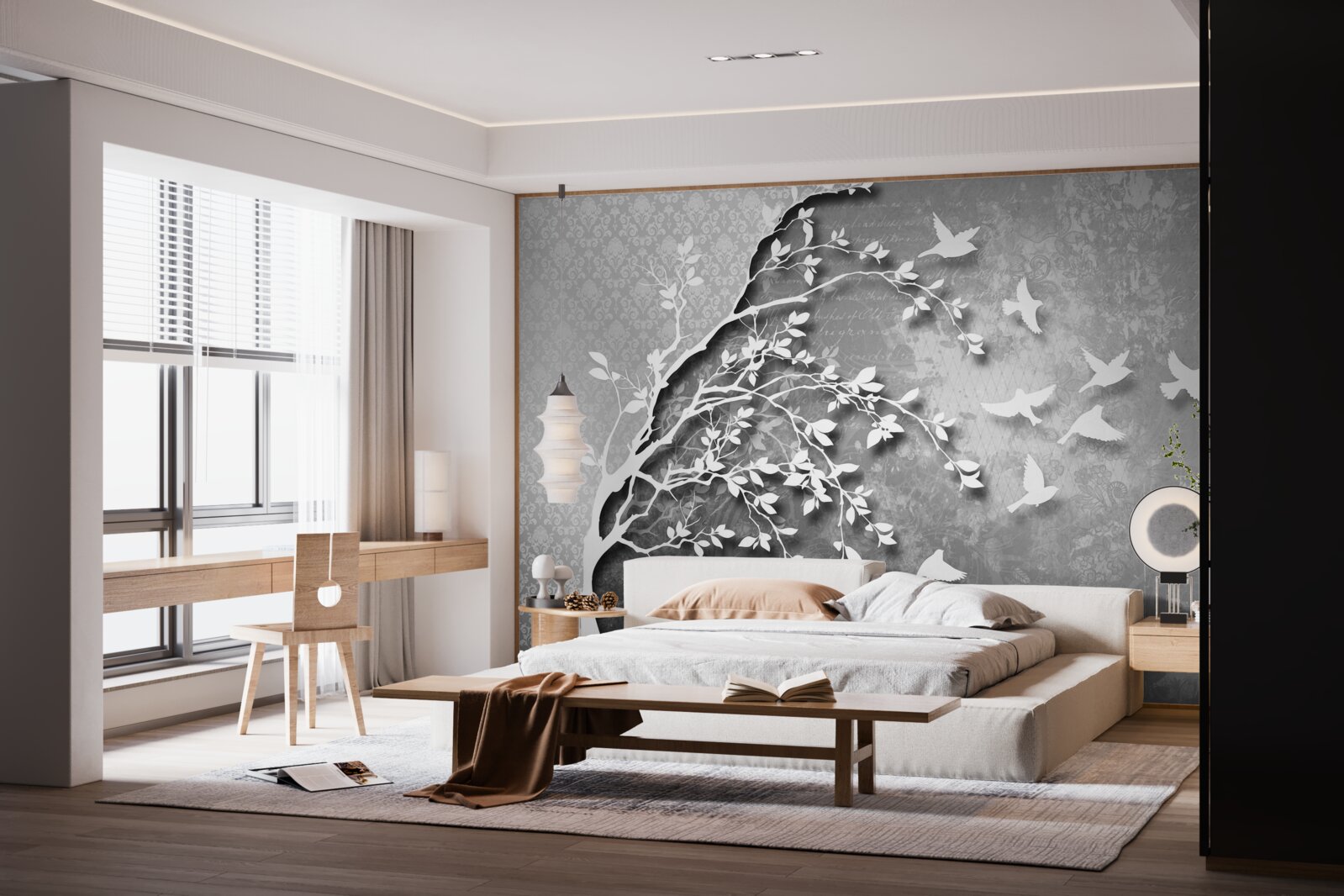 Фотошпалери обриси витончених дерев і птахів