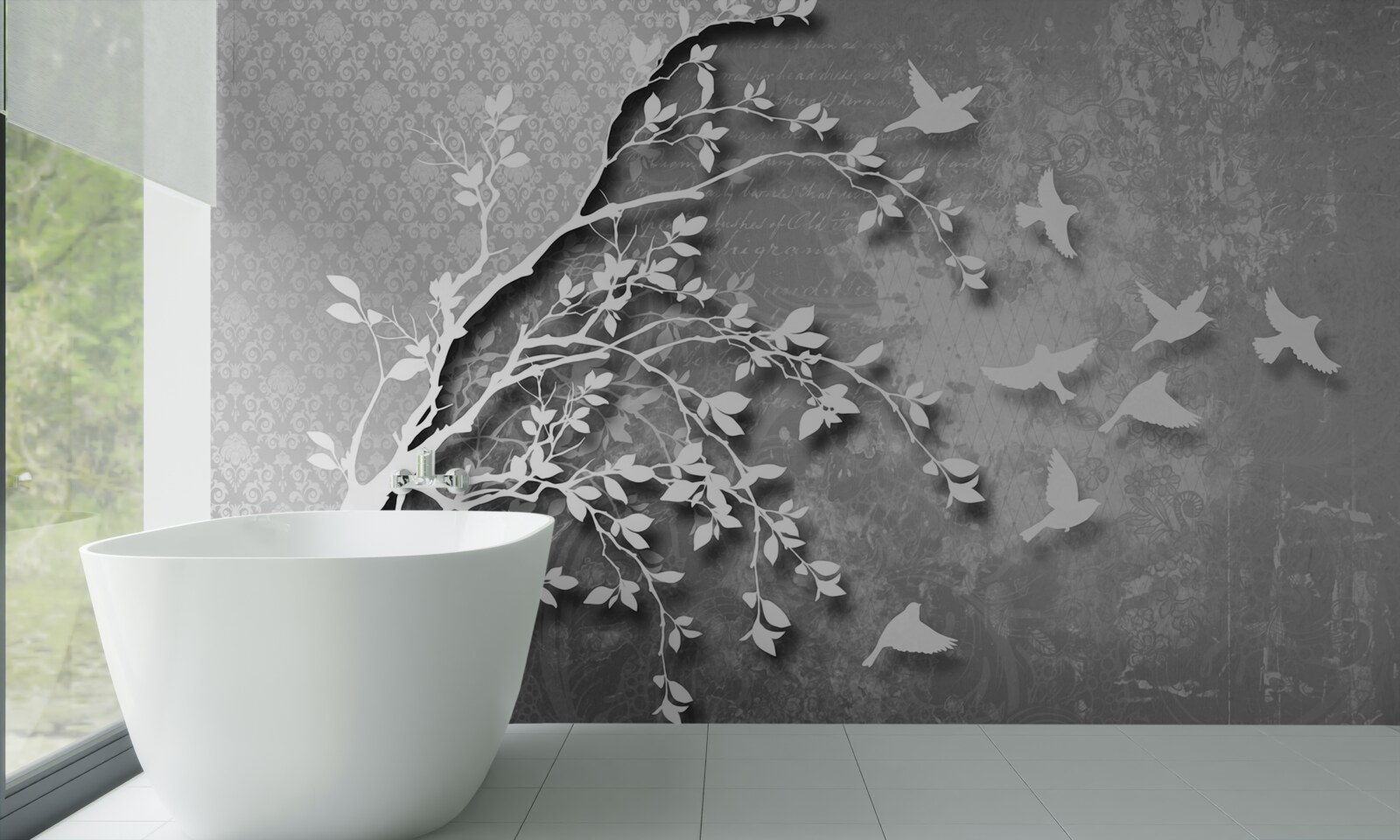 Фотошпалери обриси витончених дерев і птахів