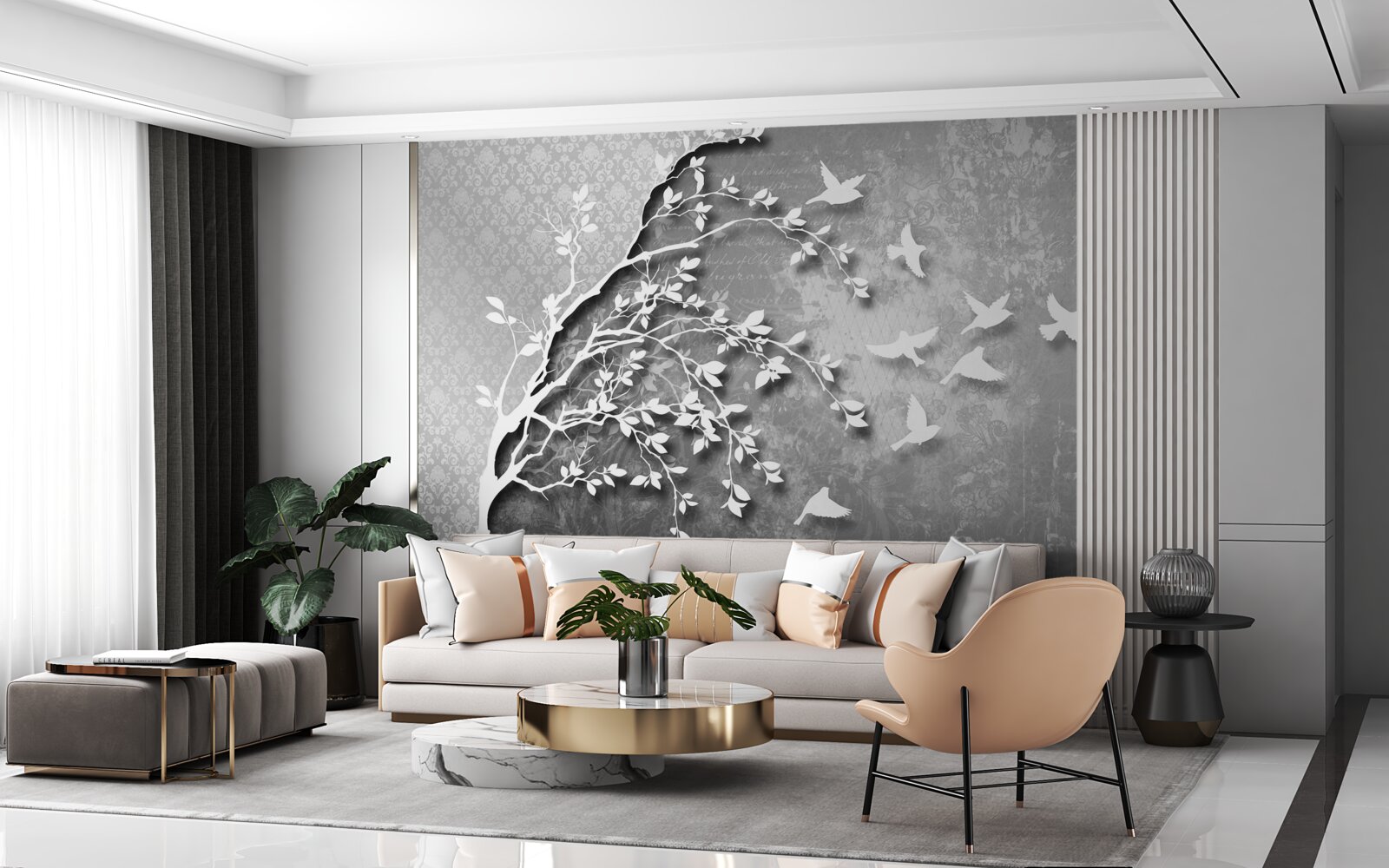 Фотошпалери обриси витончених дерев і птахів