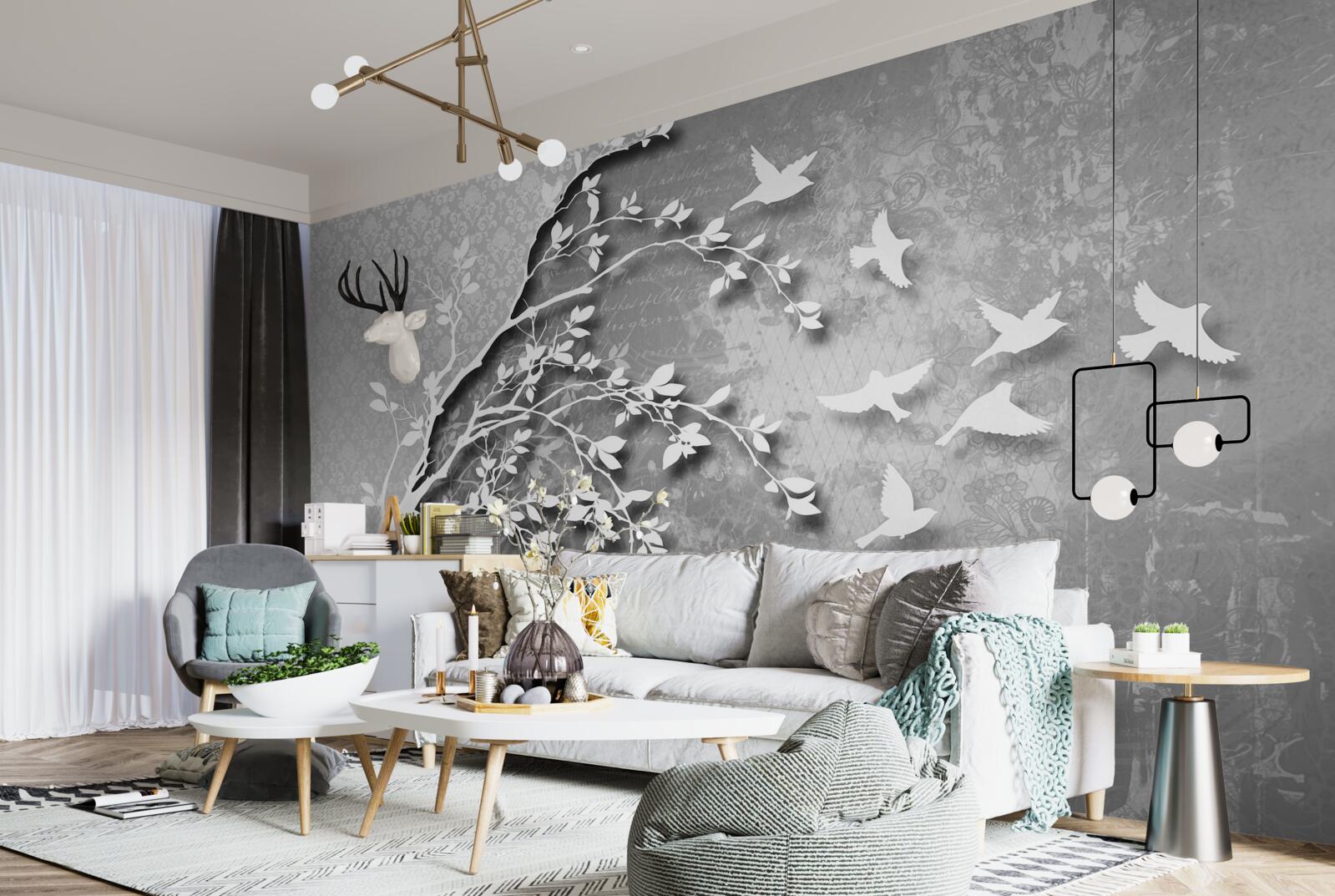 Фотошпалери обриси витончених дерев і птахів