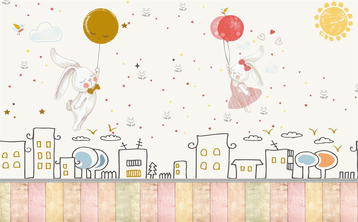 Фотошпалери кролики літають над дахами на повітряних кульках