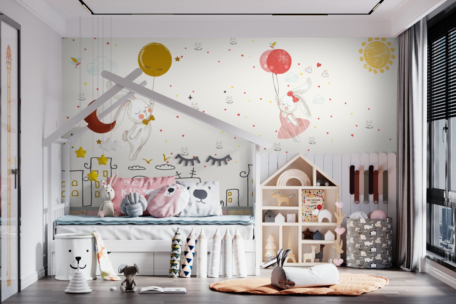 Фотошпалери кролики літають над дахами на повітряних кульках