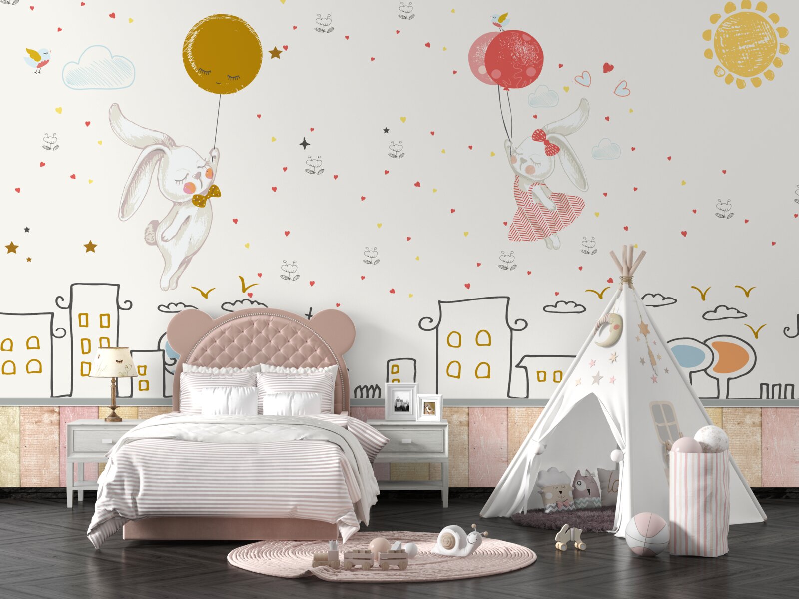 Фотошпалери кролики літають над дахами на повітряних кульках