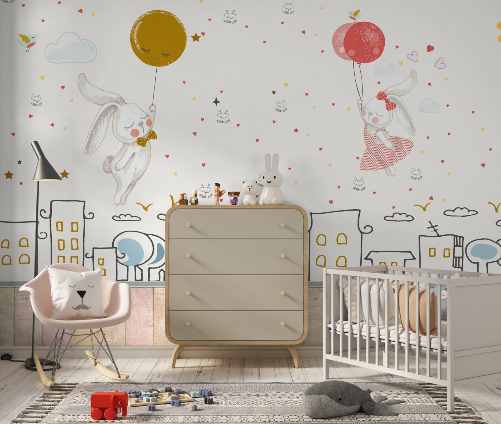 Фотошпалери кролики літають над дахами на повітряних кульках