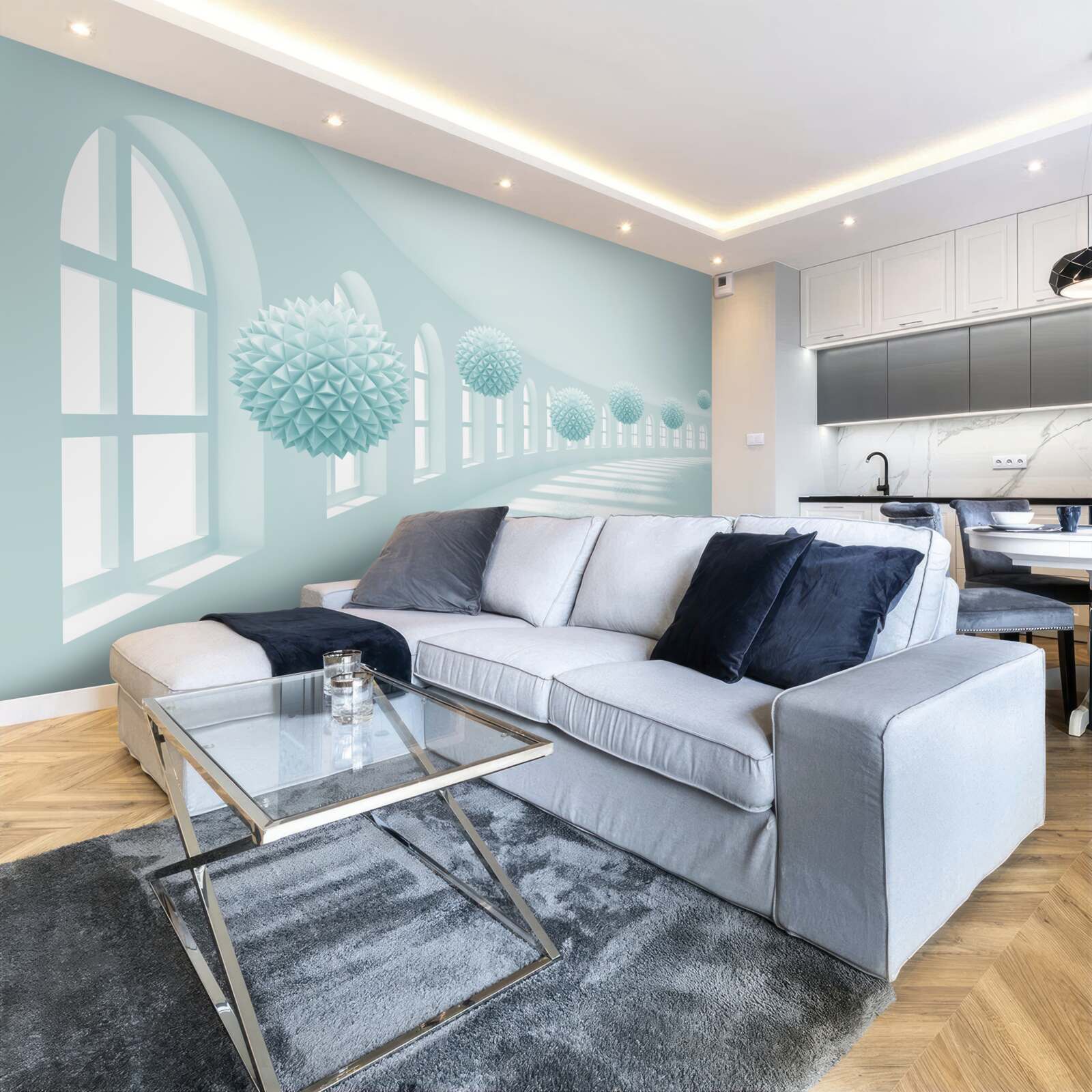 Фотошпалери прохід з вікнами та блакитними кульками