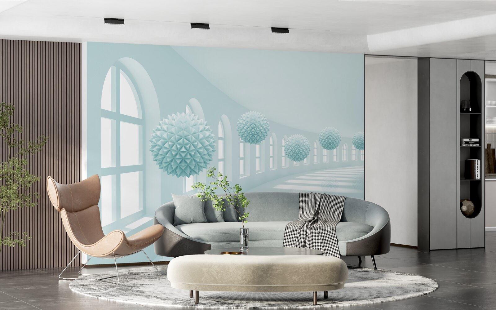 Фотошпалери прохід з вікнами та блакитними кульками