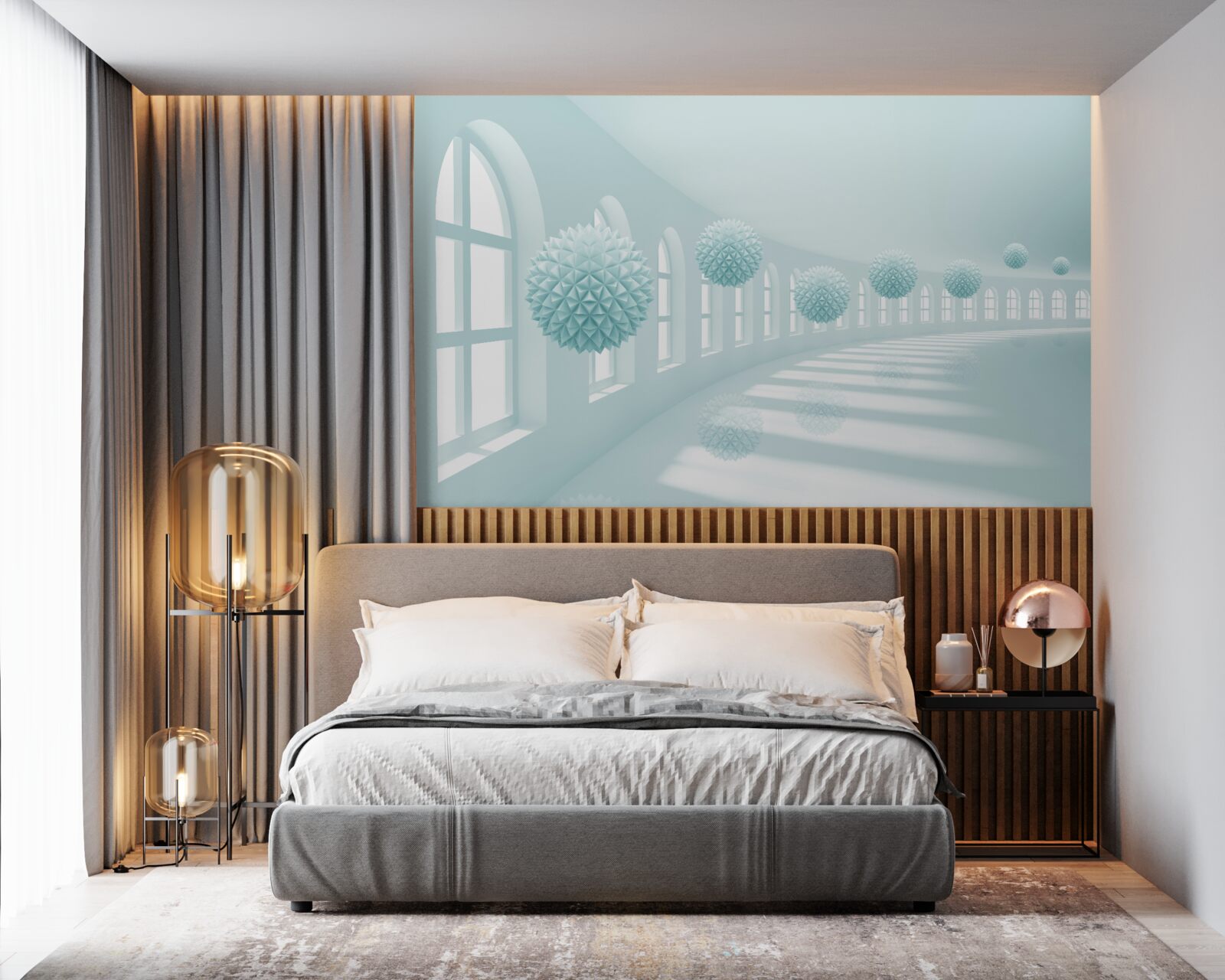 Фотошпалери прохід з вікнами та блакитними кульками