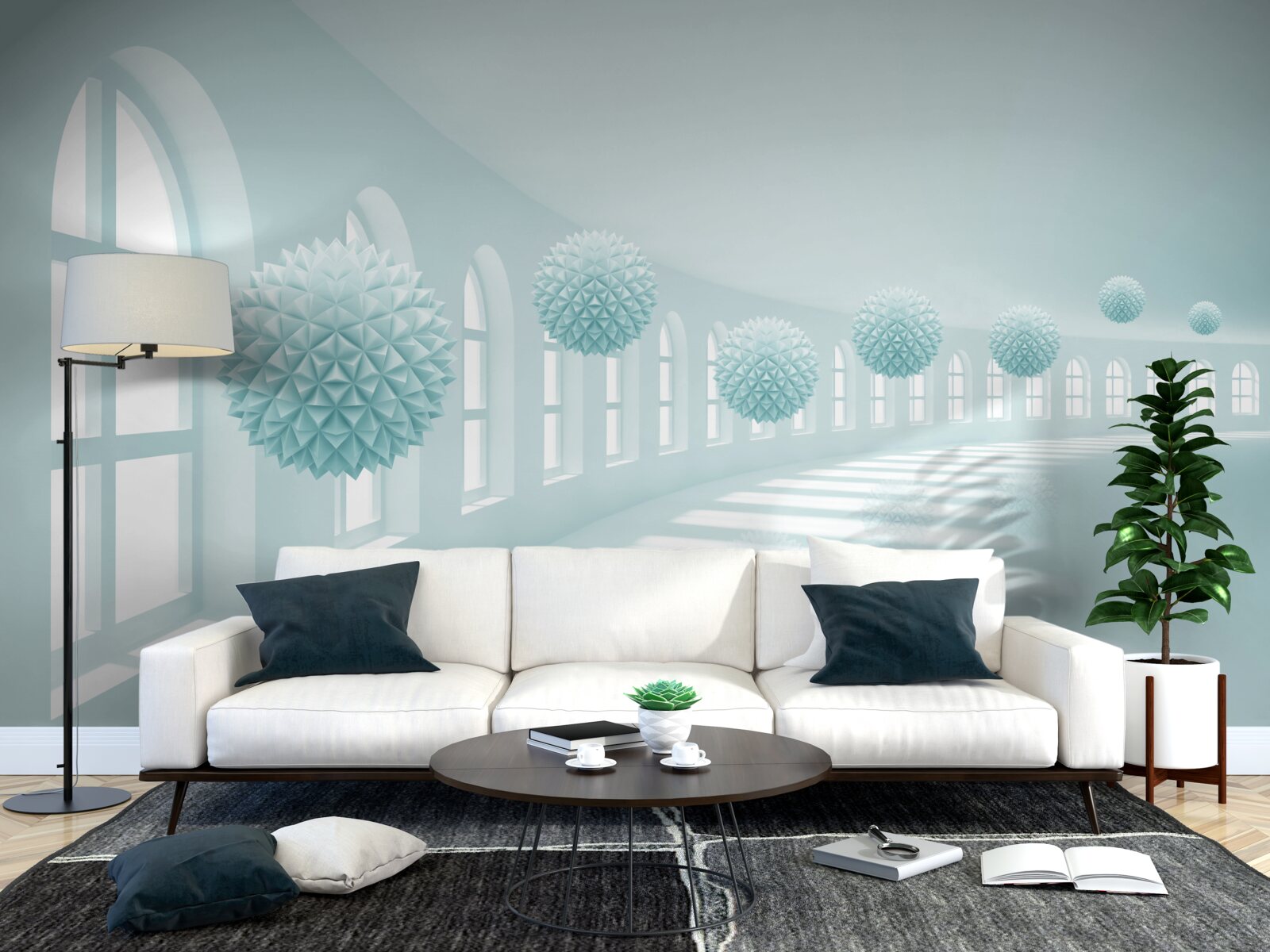 Фотошпалери прохід з вікнами та блакитними кульками