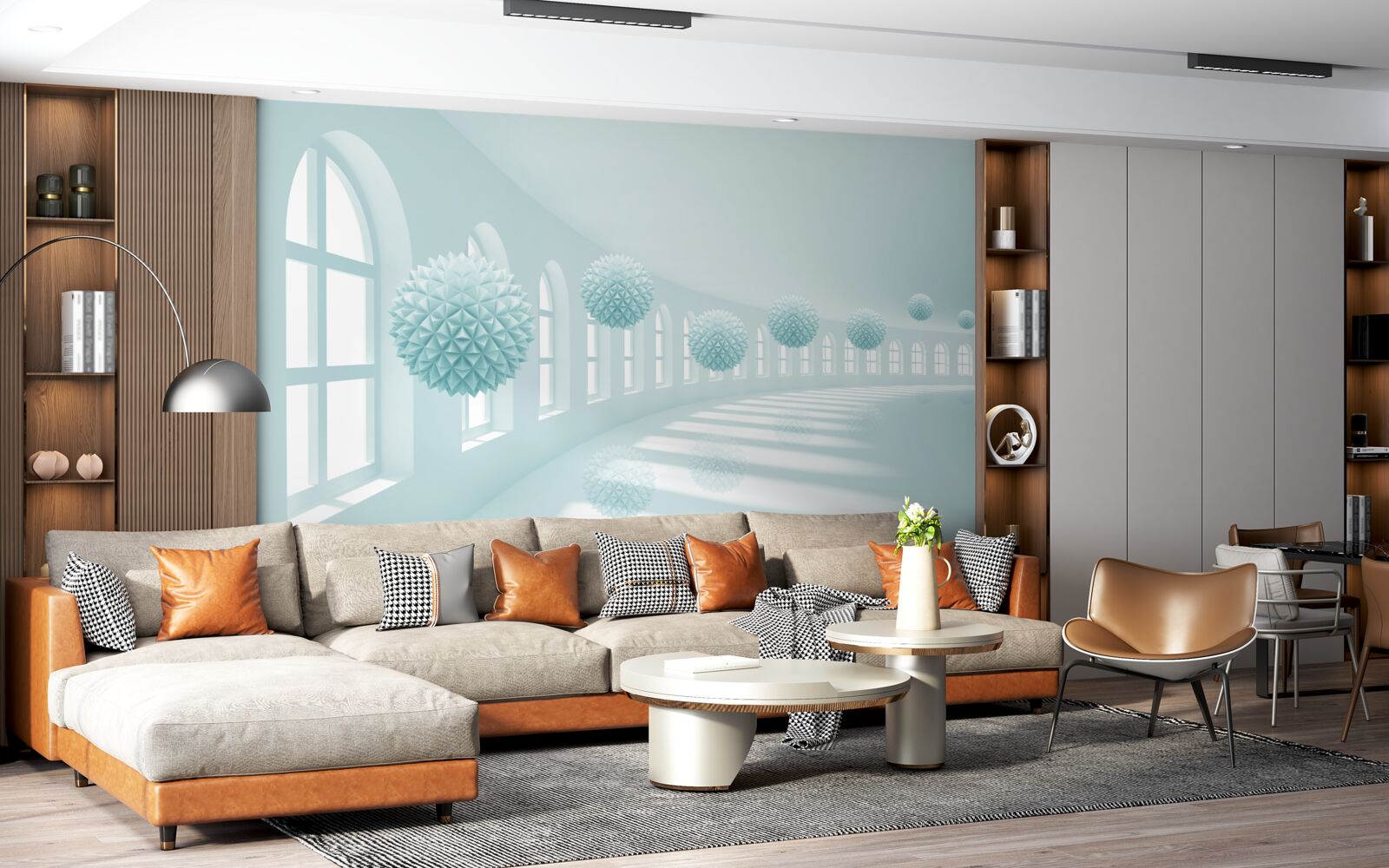 Фотошпалери прохід з вікнами та блакитними кульками