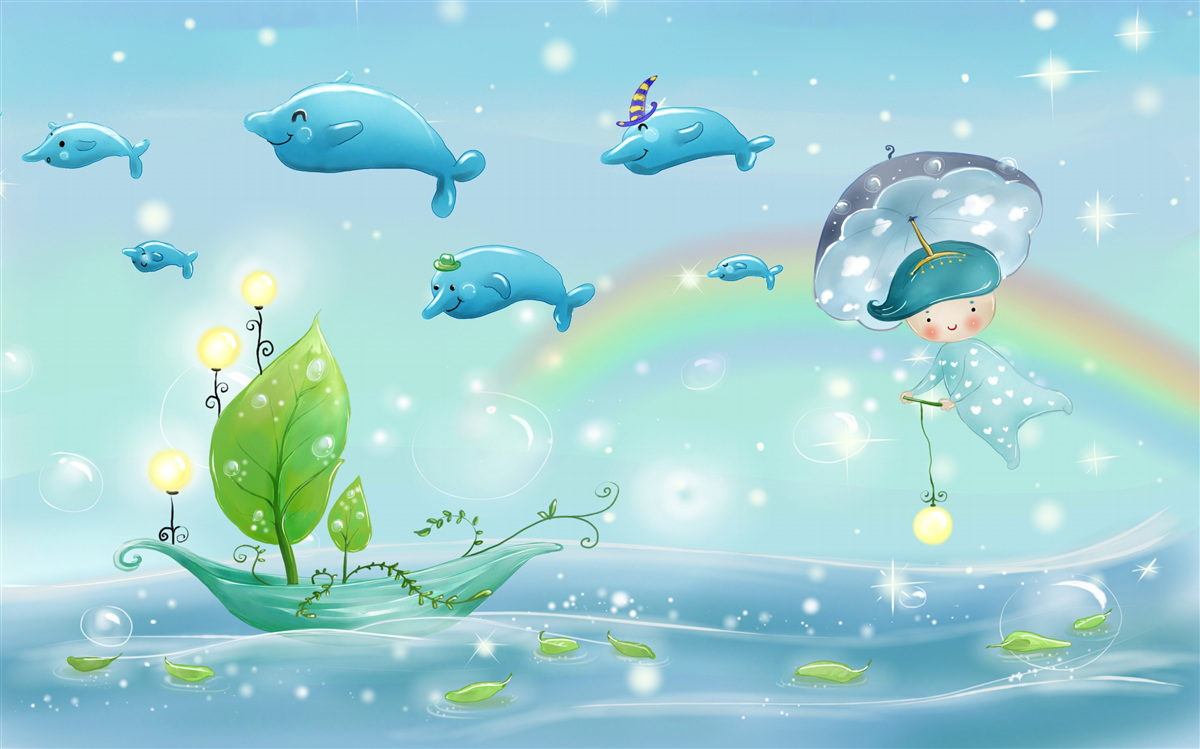 Фотошпалери дитина з парасолькою летить з дельфінами над поверхнею води