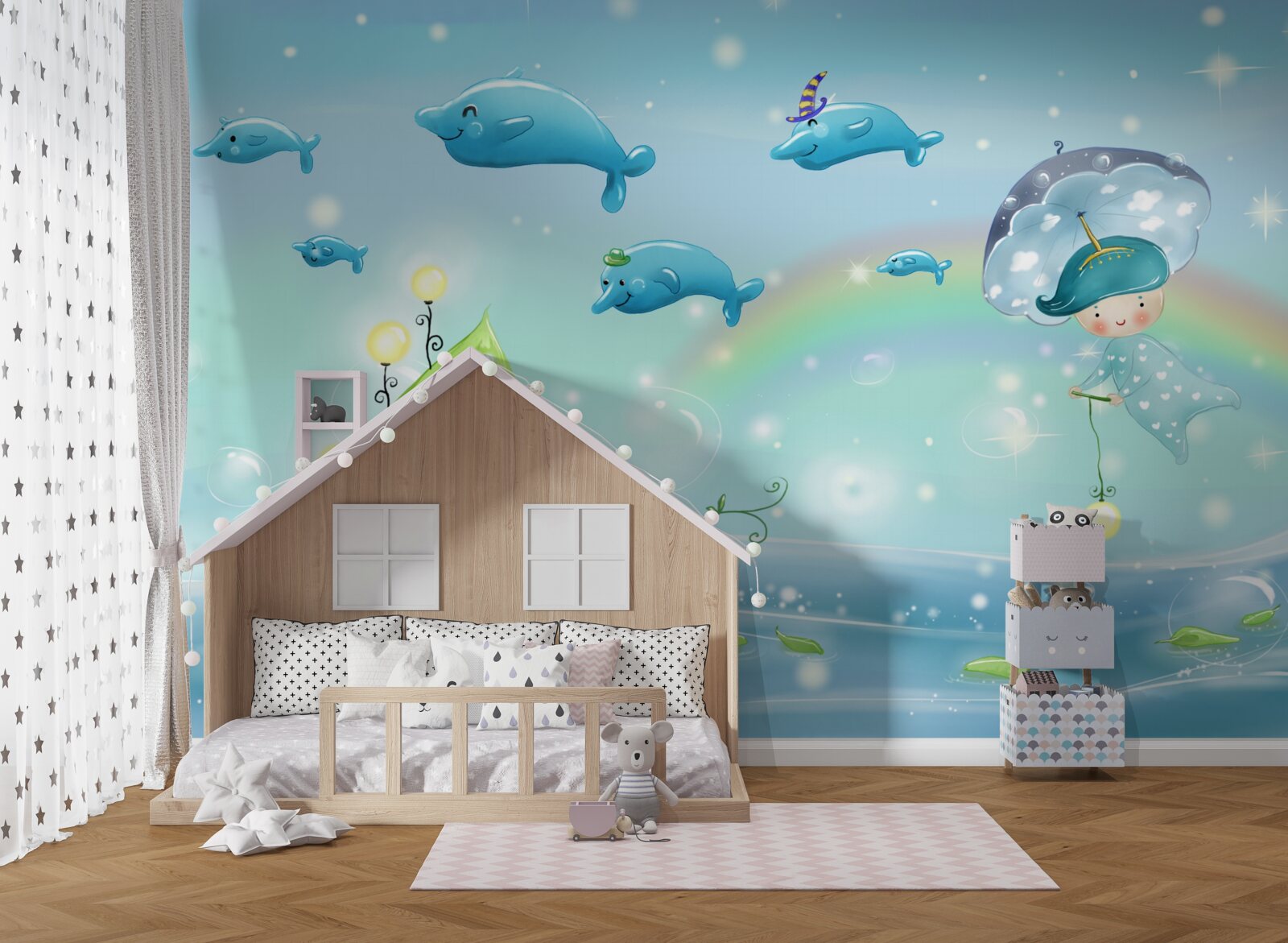 Фотошпалери дитина з парасолькою летить з дельфінами над поверхнею води