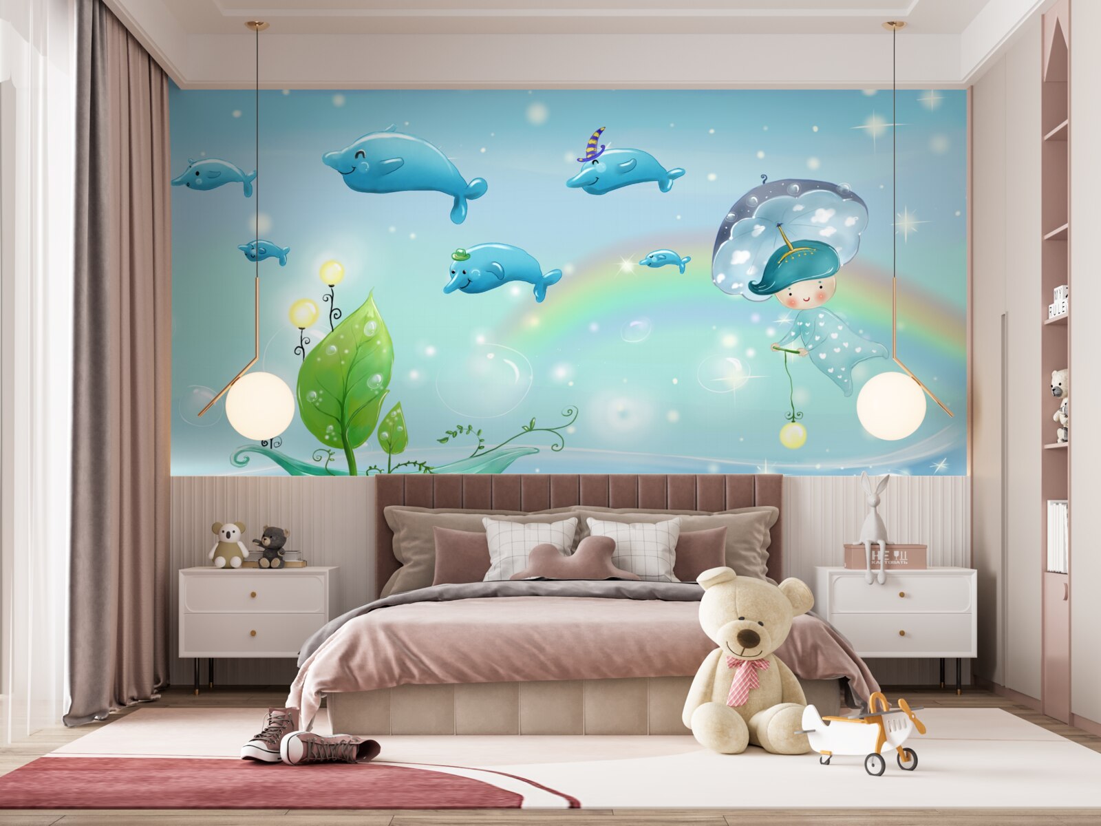 Фотошпалери дитина з парасолькою летить з дельфінами над поверхнею води