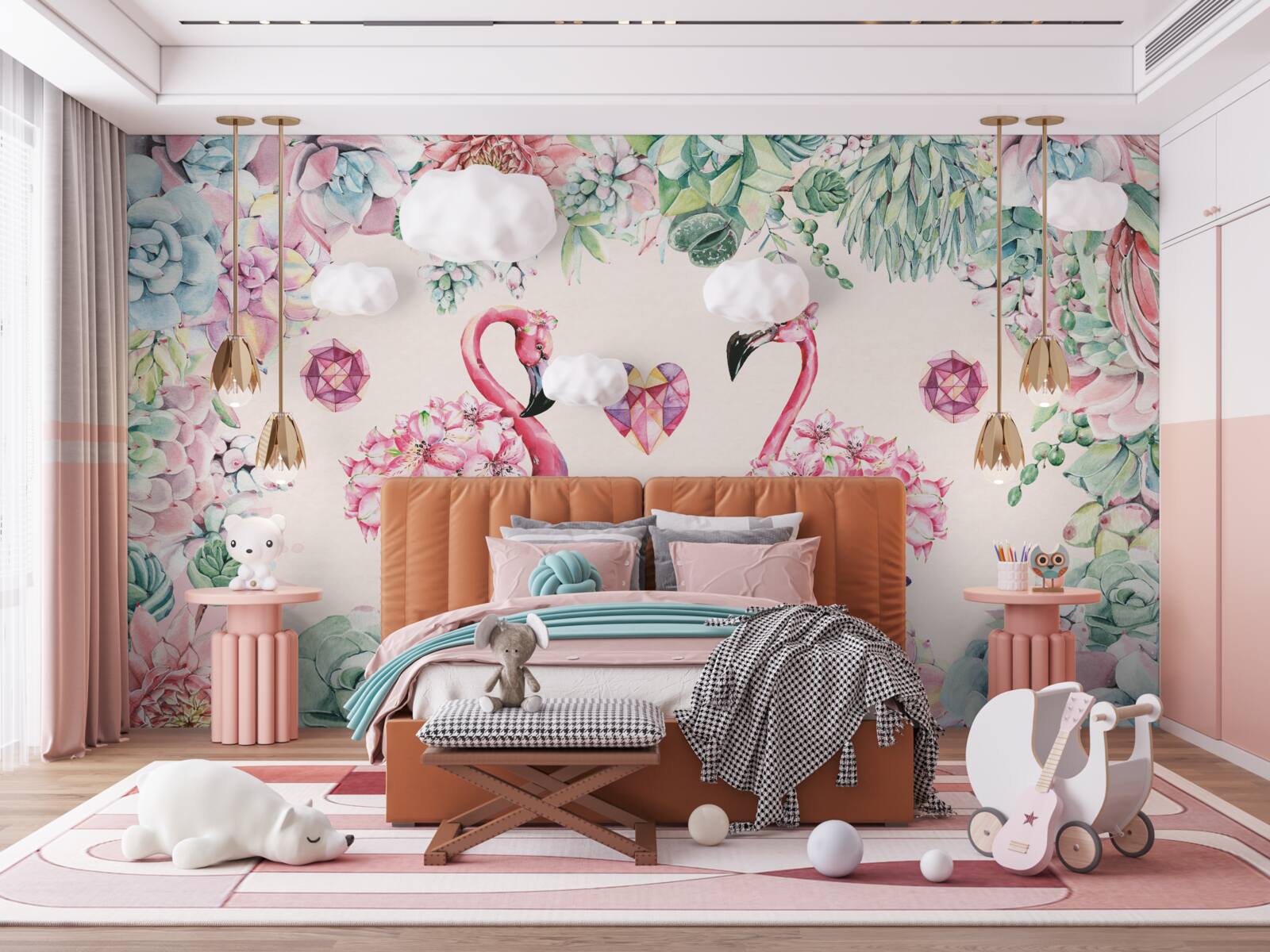 Фотошпалери два рожевих фламінго серед зелені та квітів