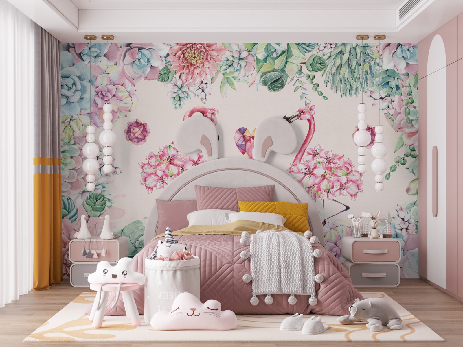 Фотошпалери два рожевих фламінго серед зелені та квітів