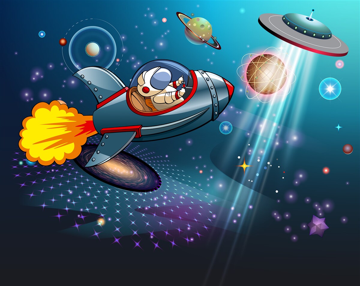 Фотошпалери астронавт летить на ракеті в безодню космосу