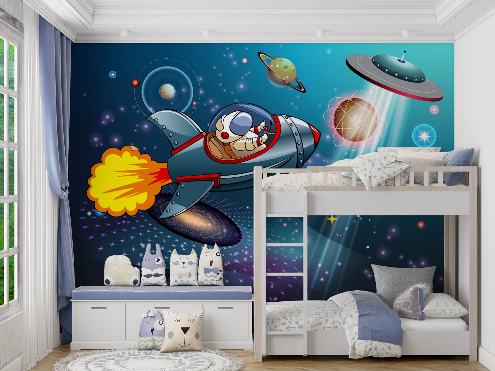 Фотошпалери астронавт летить на ракеті в безодню космосу