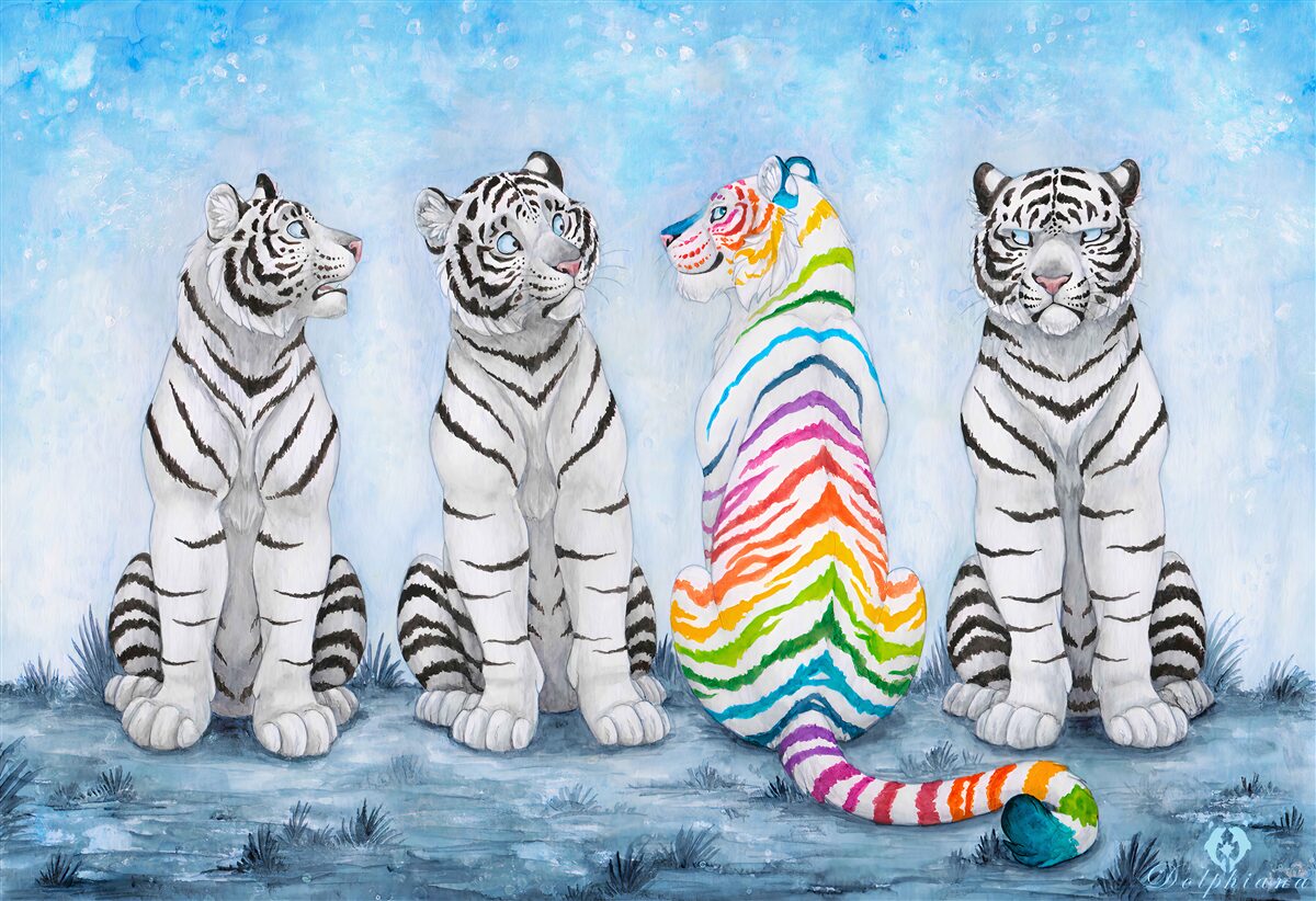 Фотошпалери один тигр і три білі тигри