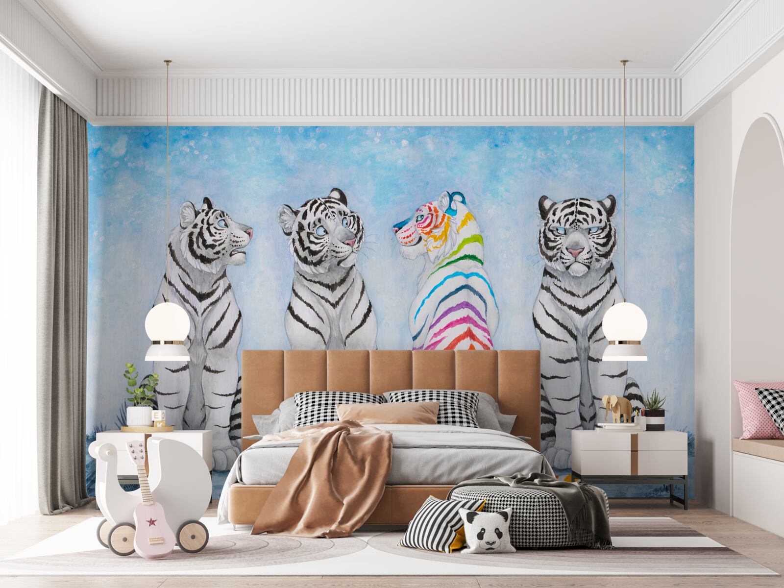 Фотошпалери один тигр і три білі тигри