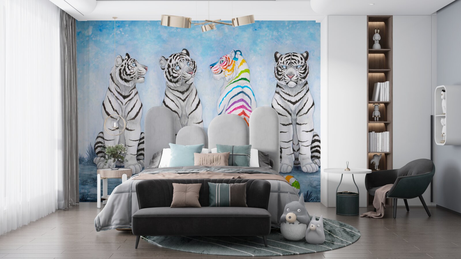 Фотошпалери один тигр і три білі тигри