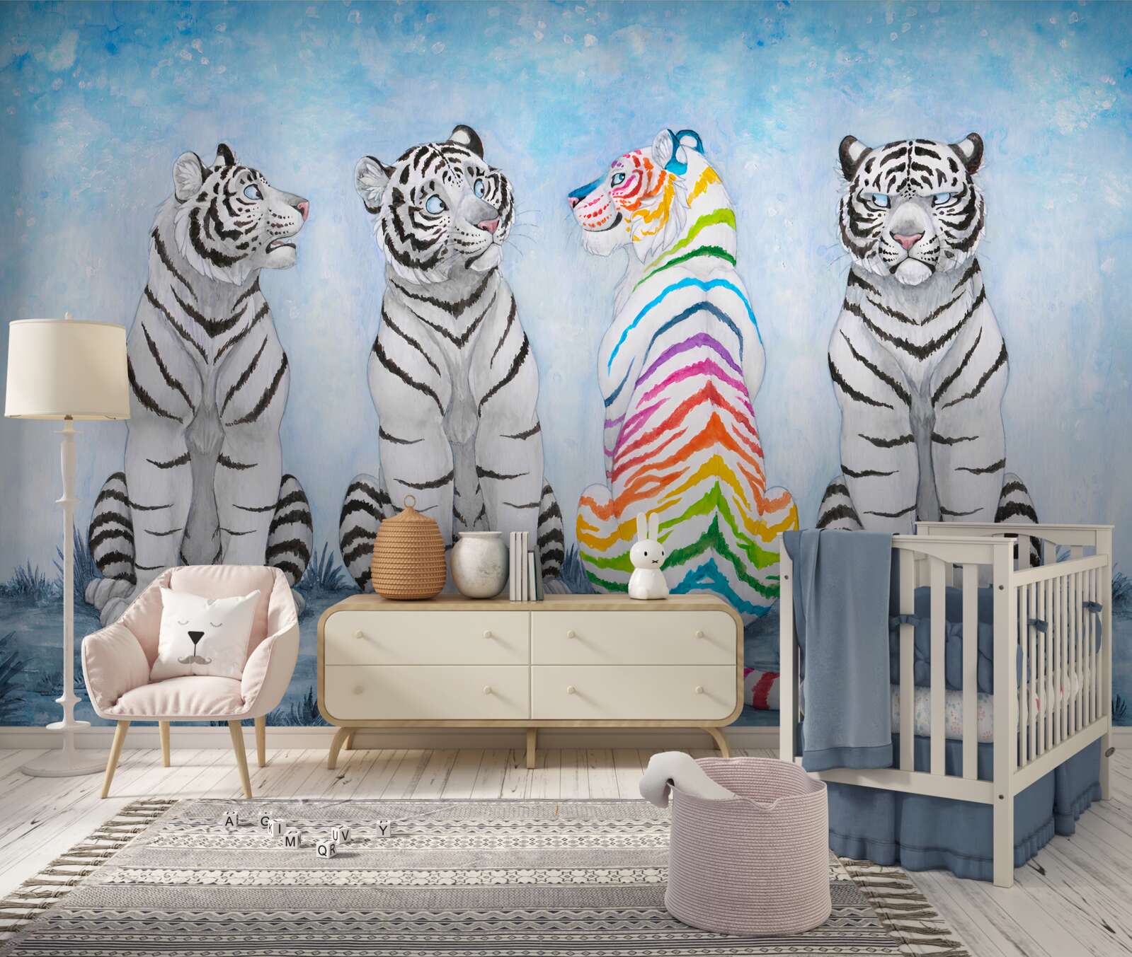 Фотошпалери один тигр і три білі тигри