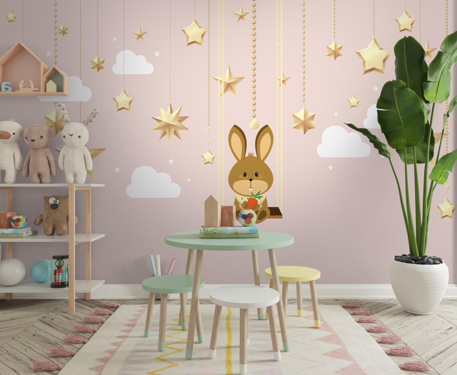 Фотошпалери зайчик гойдається на морквяній гойдалці