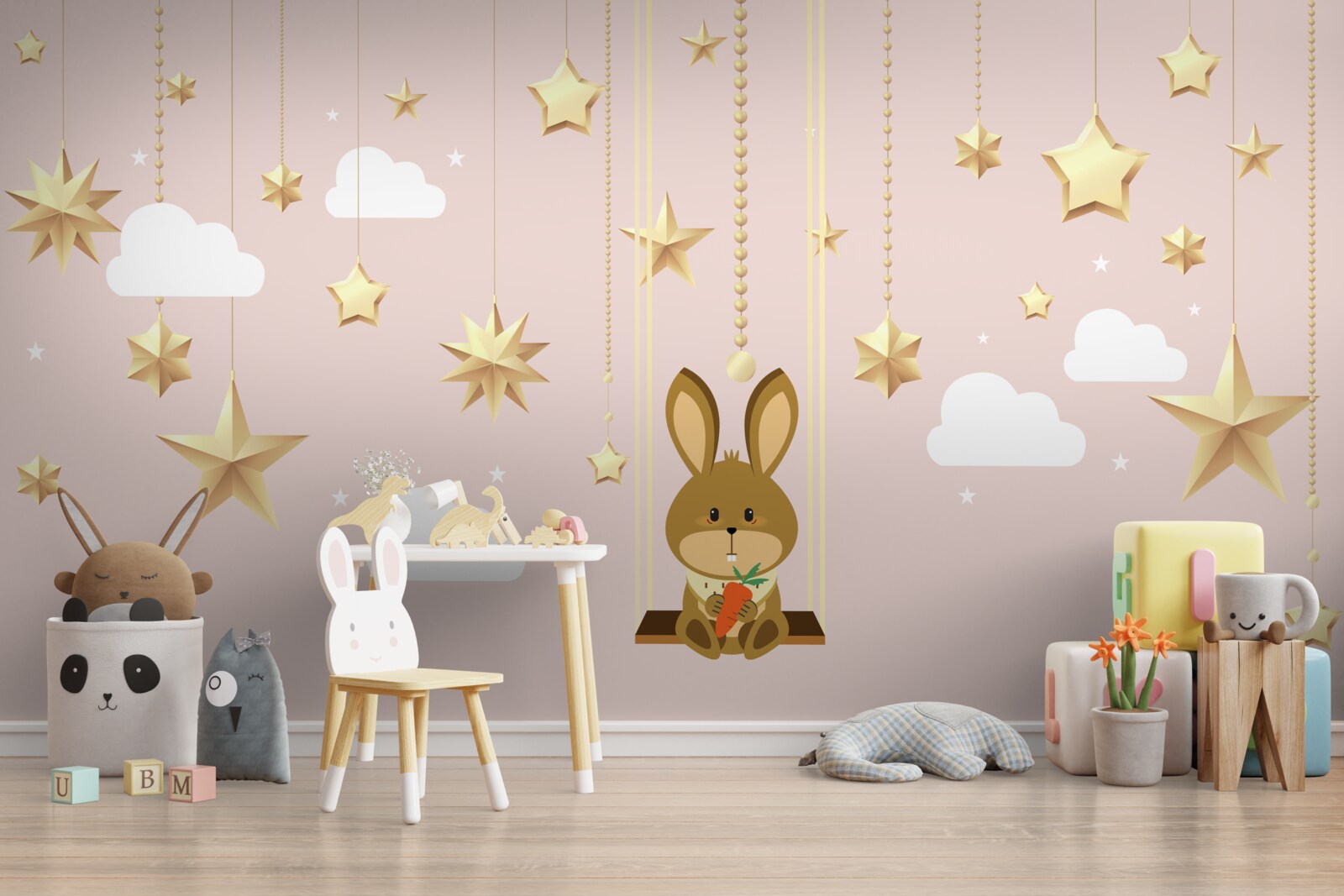 Фотошпалери зайчик гойдається на морквяній гойдалці