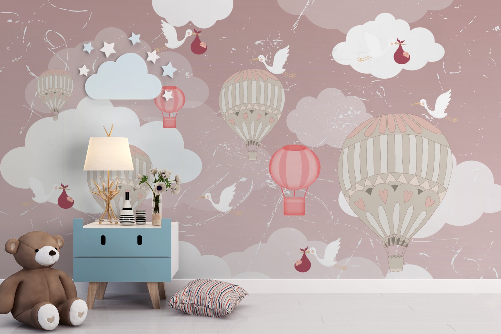 Фотошпалери серед повітряних куль лелеки приносять дітей