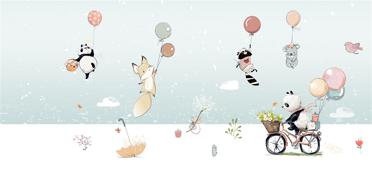Фотошпалери тварини плавають на повітряних кулях, а панда їде на велосипеді