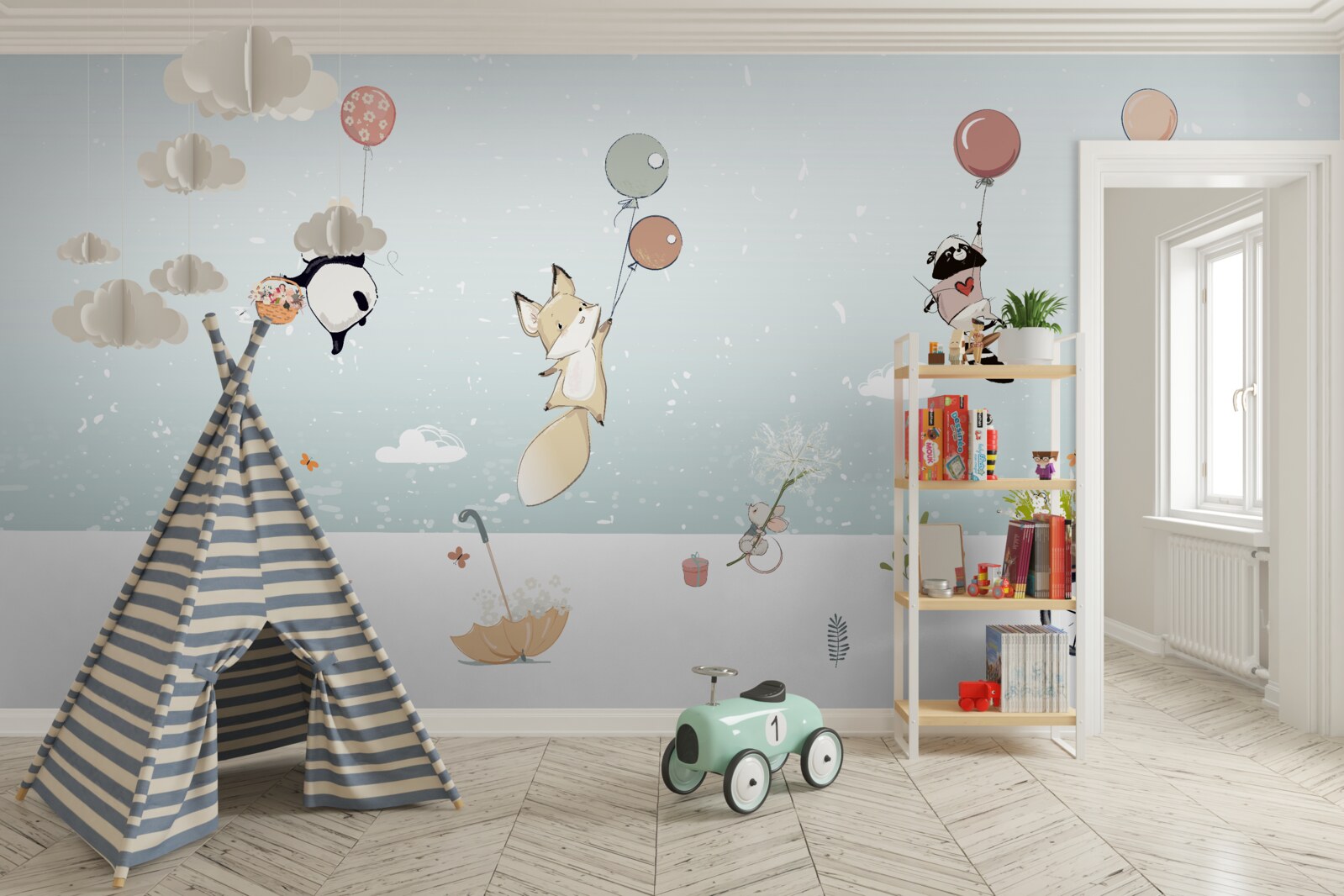 Фотошпалери тварини плавають на повітряних кулях, а панда їде на велосипеді