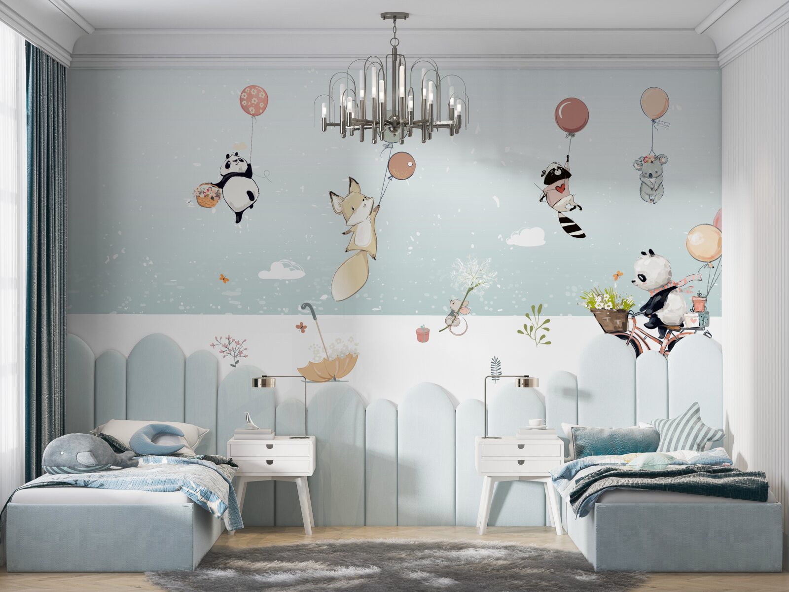 Фотошпалери тварини плавають на повітряних кулях, а панда їде на велосипеді