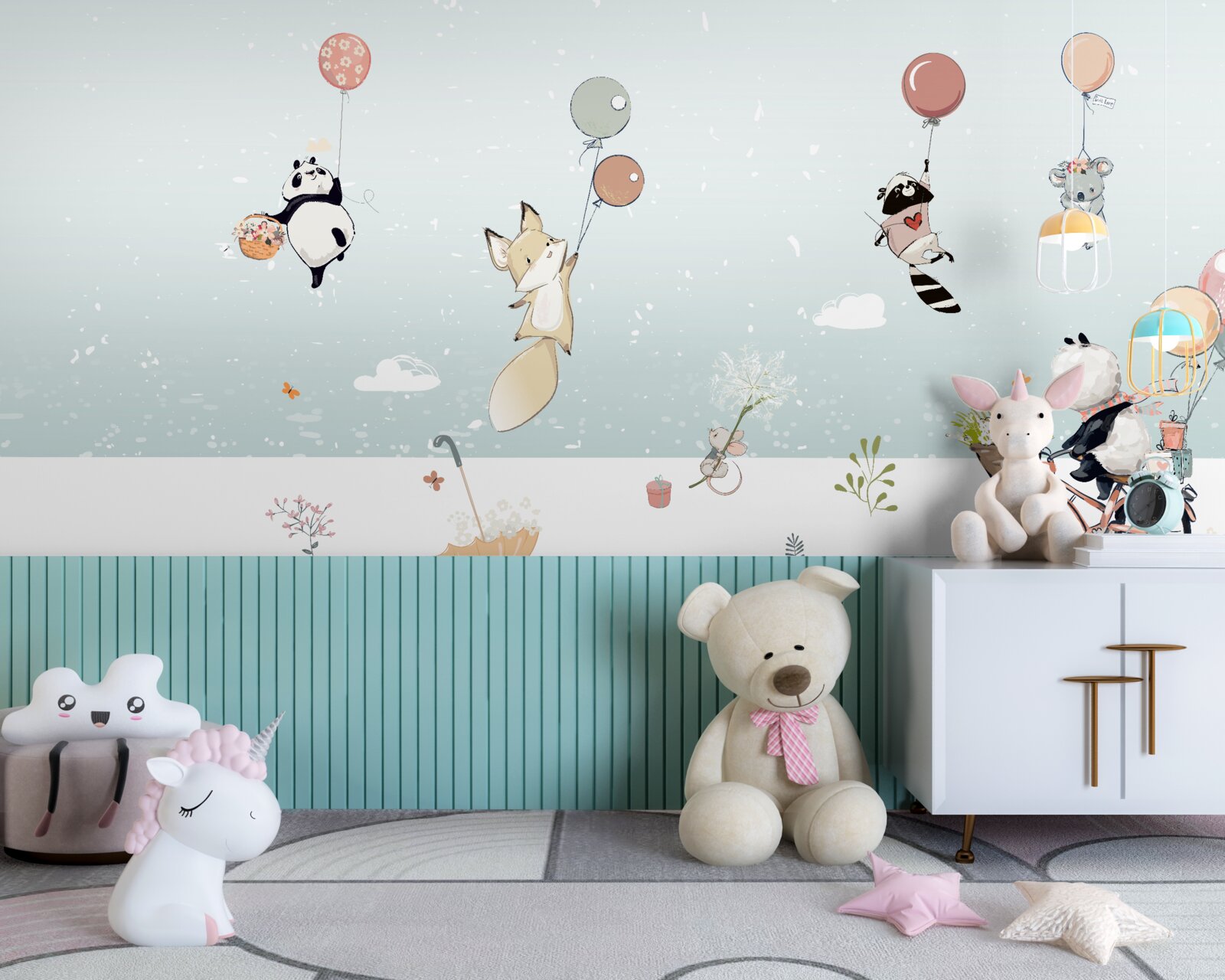 Фотошпалери тварини плавають на повітряних кулях, а панда їде на велосипеді