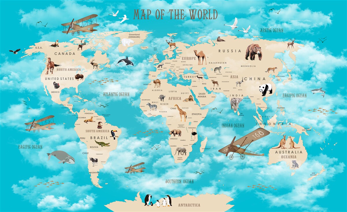 Фотошпалери карта світу з деталями на бірюзовому тлі