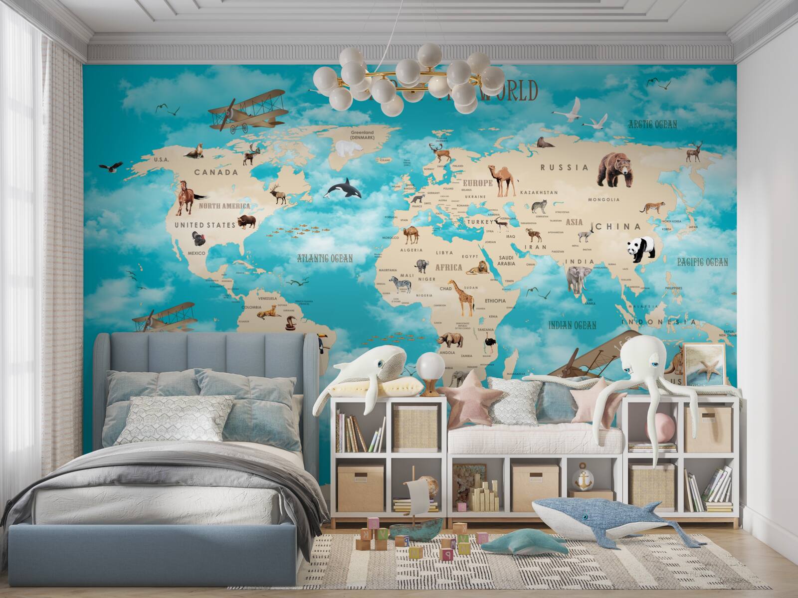 Фотошпалери карта світу з деталями на бірюзовому тлі
