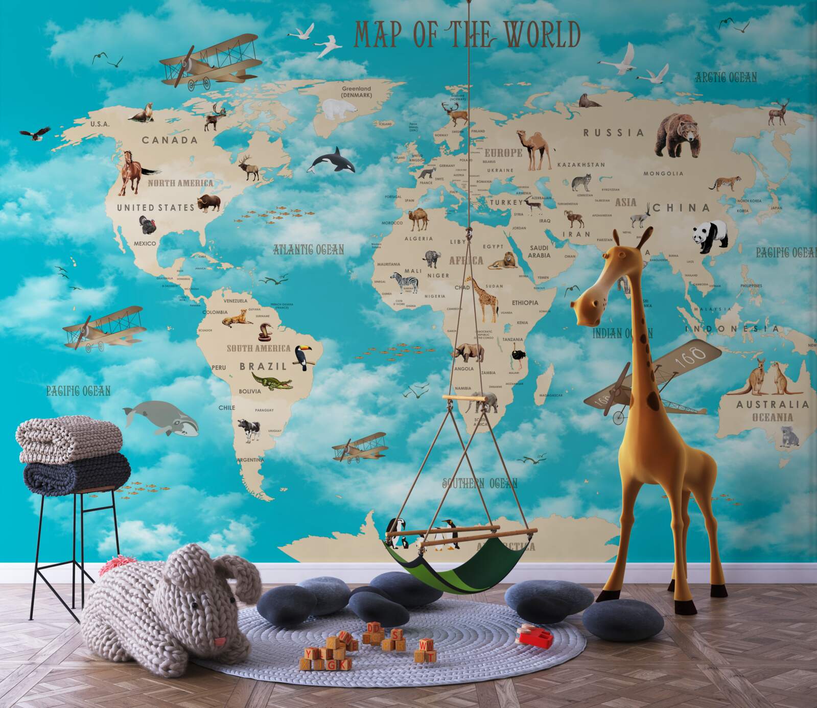 Фотошпалери карта світу з деталями на бірюзовому тлі