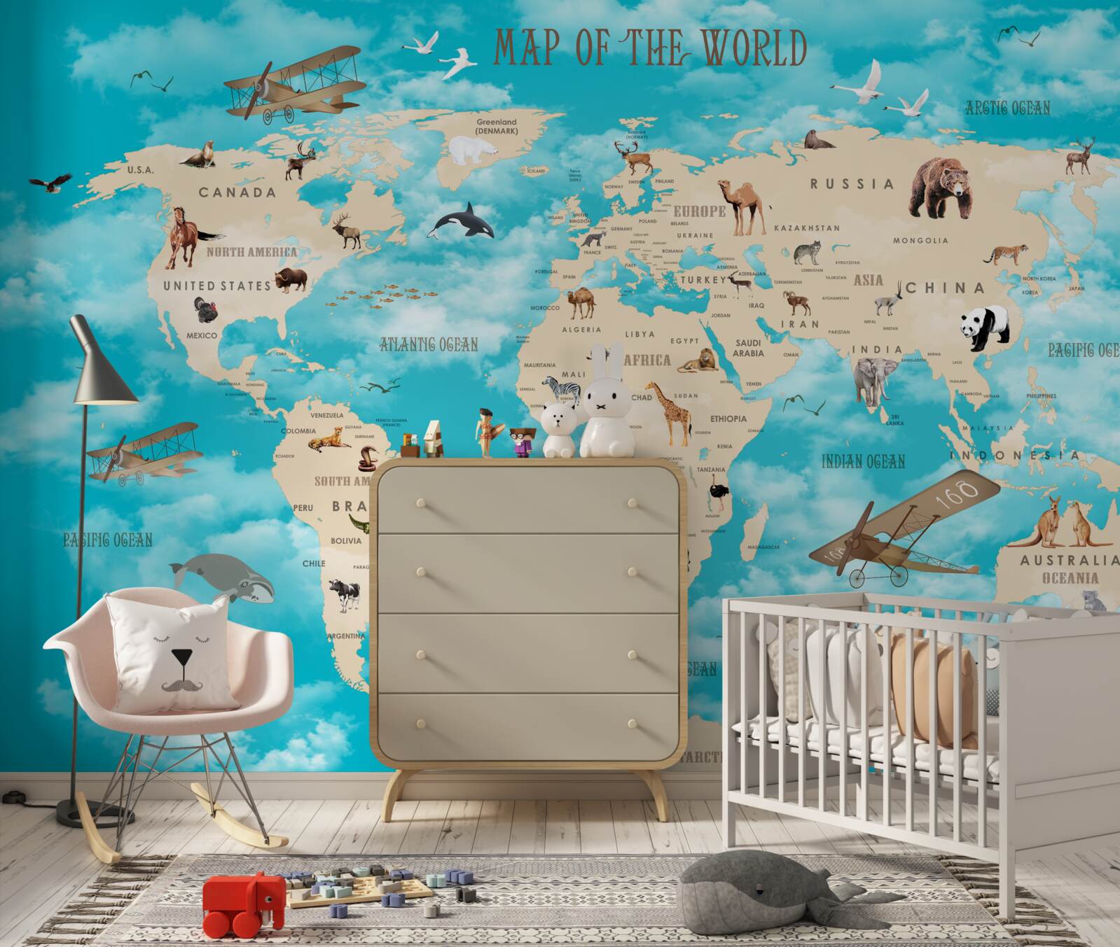 Фотошпалери карта світу з деталями на бірюзовому тлі