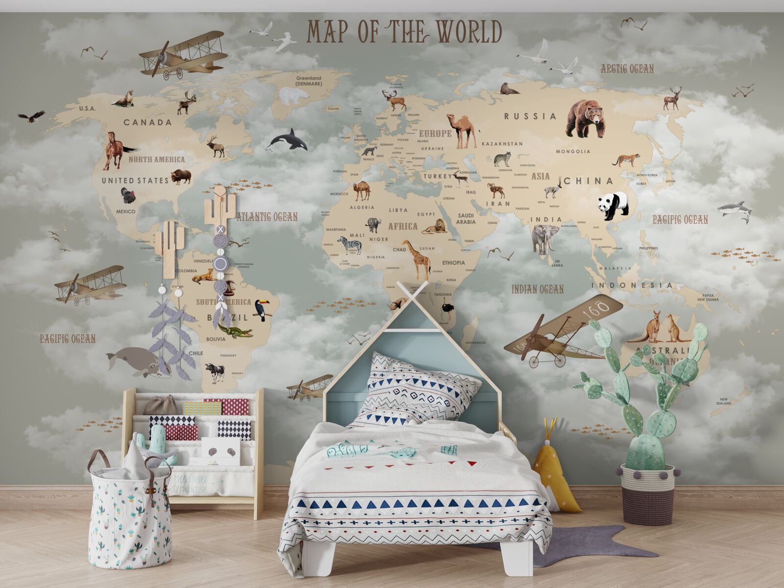 Фотошпалери карта світу з тваринами та транспортом