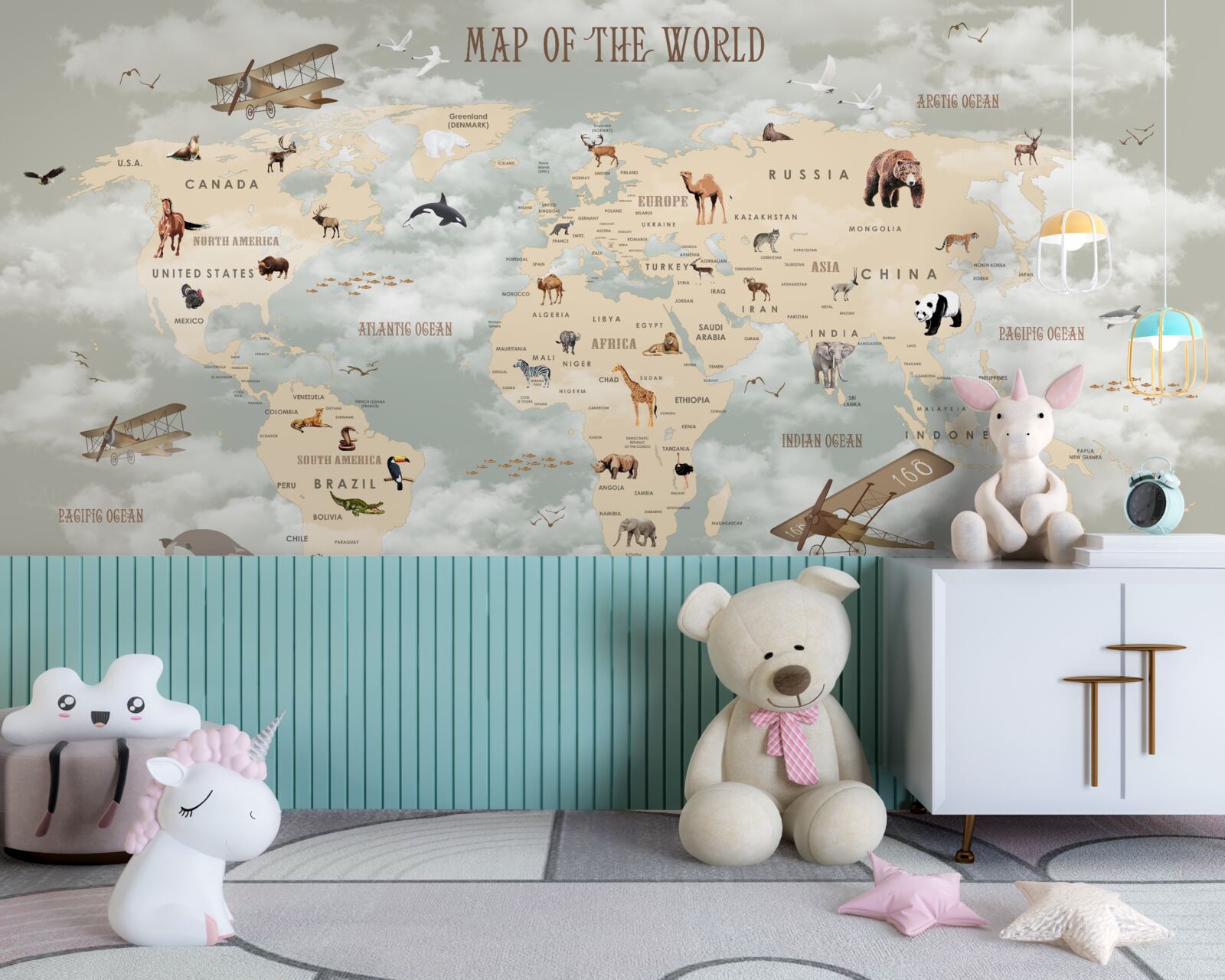Фотошпалери карта світу з тваринами та транспортом